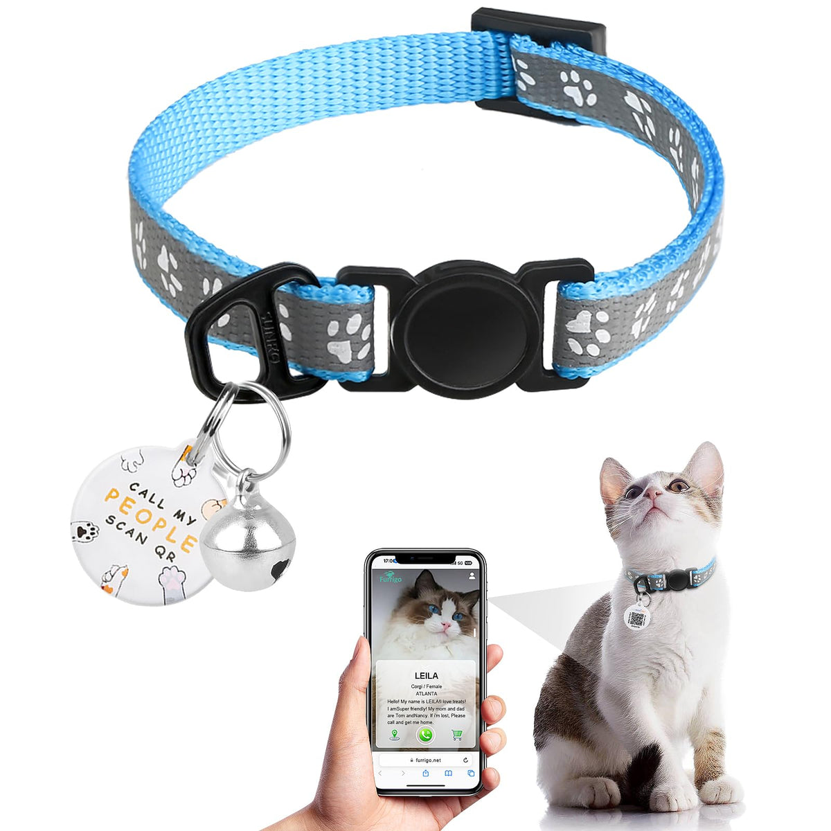 Furrigo cat collar breakaway-qr-tag demonstrates quick home return via QR-linked profile.