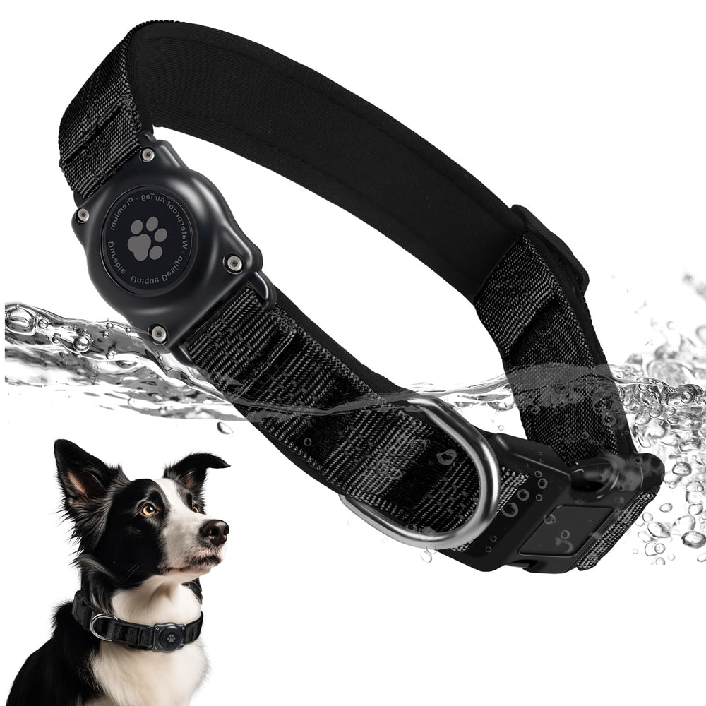 Furrigo upgraded AirTag dog collar closeup shows sleek black finish for daily comfort.