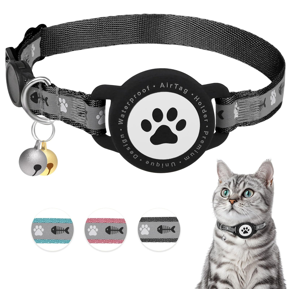 Furrigo waterproof AirTag cat collar closeup buckle demonstrates secure fit for everyday adventures.