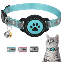 Furrigo waterproof AirTag cat collar in teal with secure holder for easy location tracking.