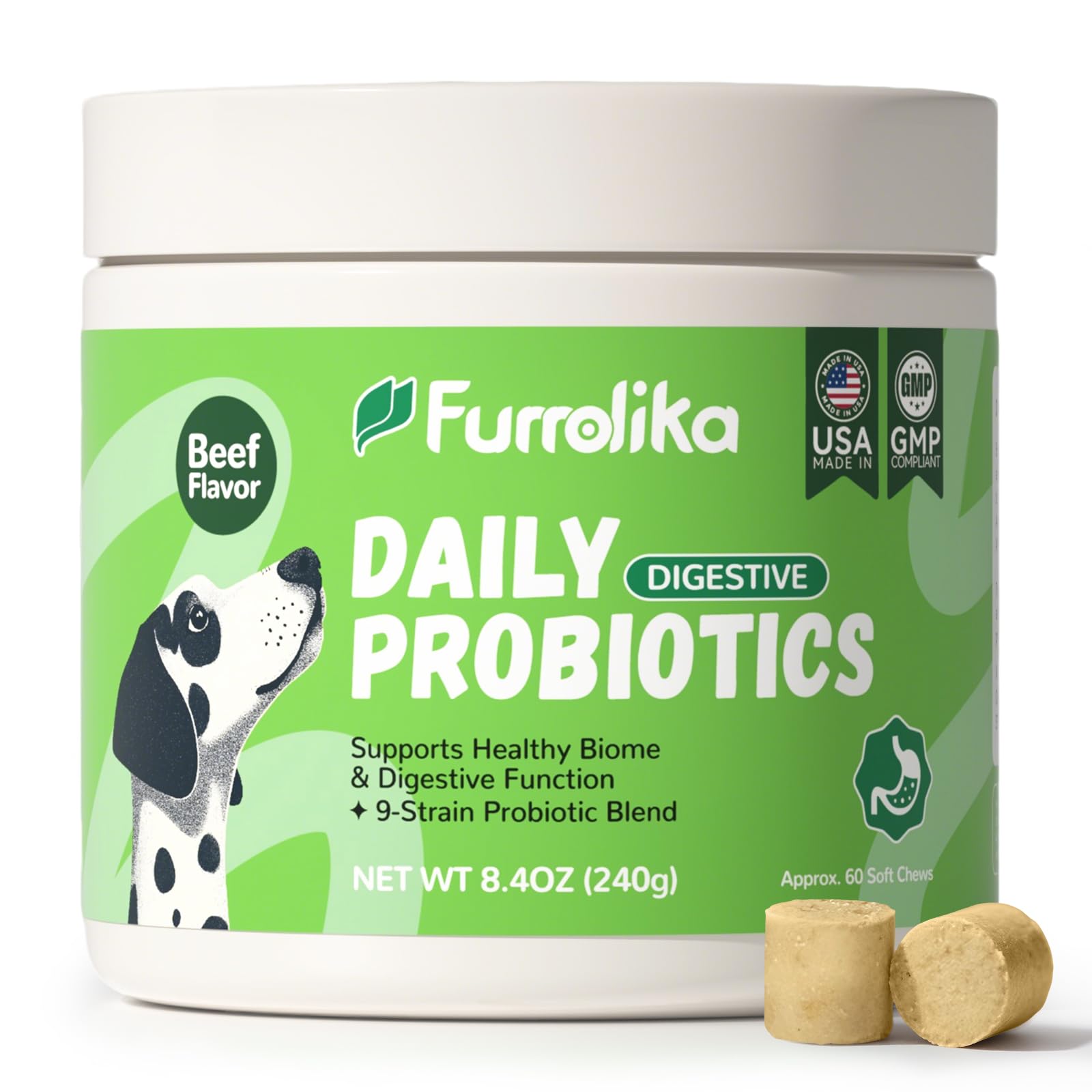 Furrolika Probiotics for Dogs beef-flavored soft chews for easy gut support