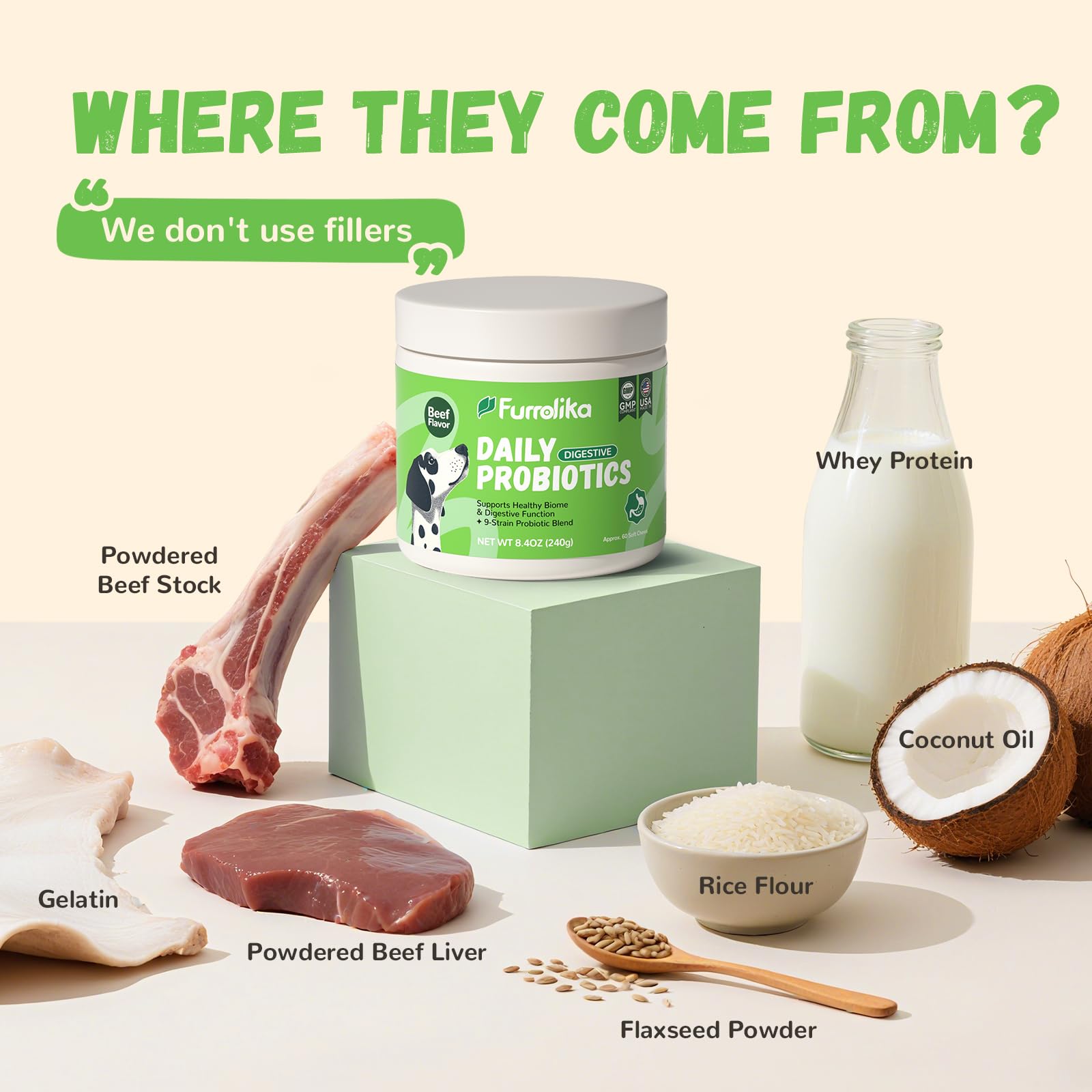 Furrolika Probiotics for Dogs packaging showcases premium ingredients