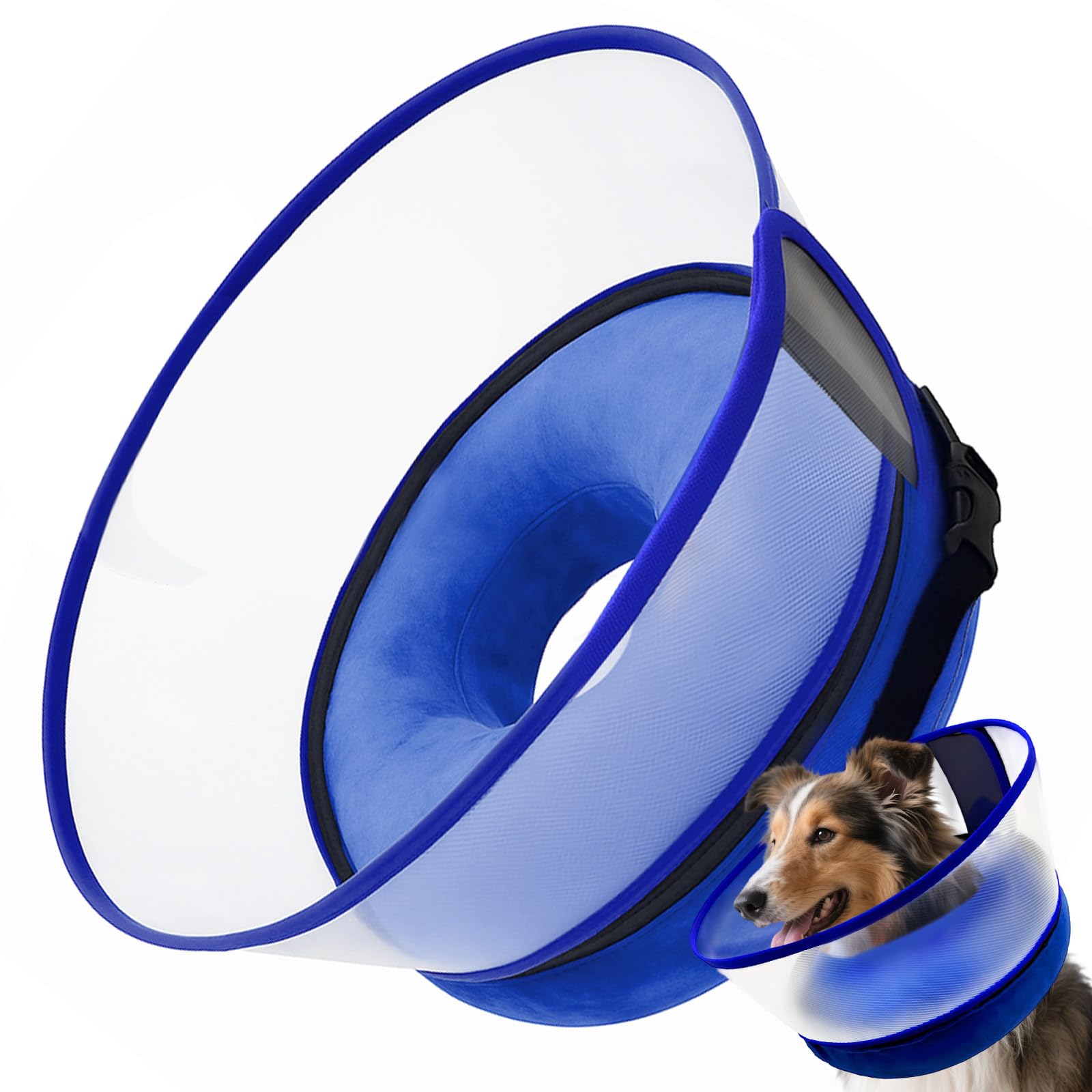 Furrtripsy inflatable dog cone with donut base in blue offers light comfort during recovery.