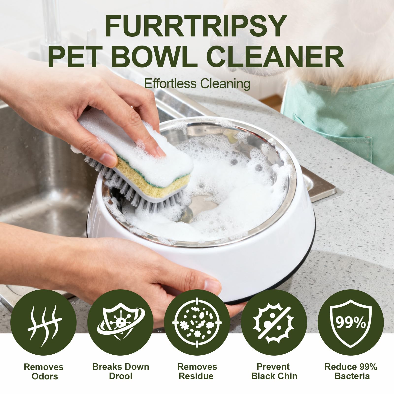 Furrtripsy pet bowls cleaner mousse foam detail showing easy, fragrance-free cleaning.