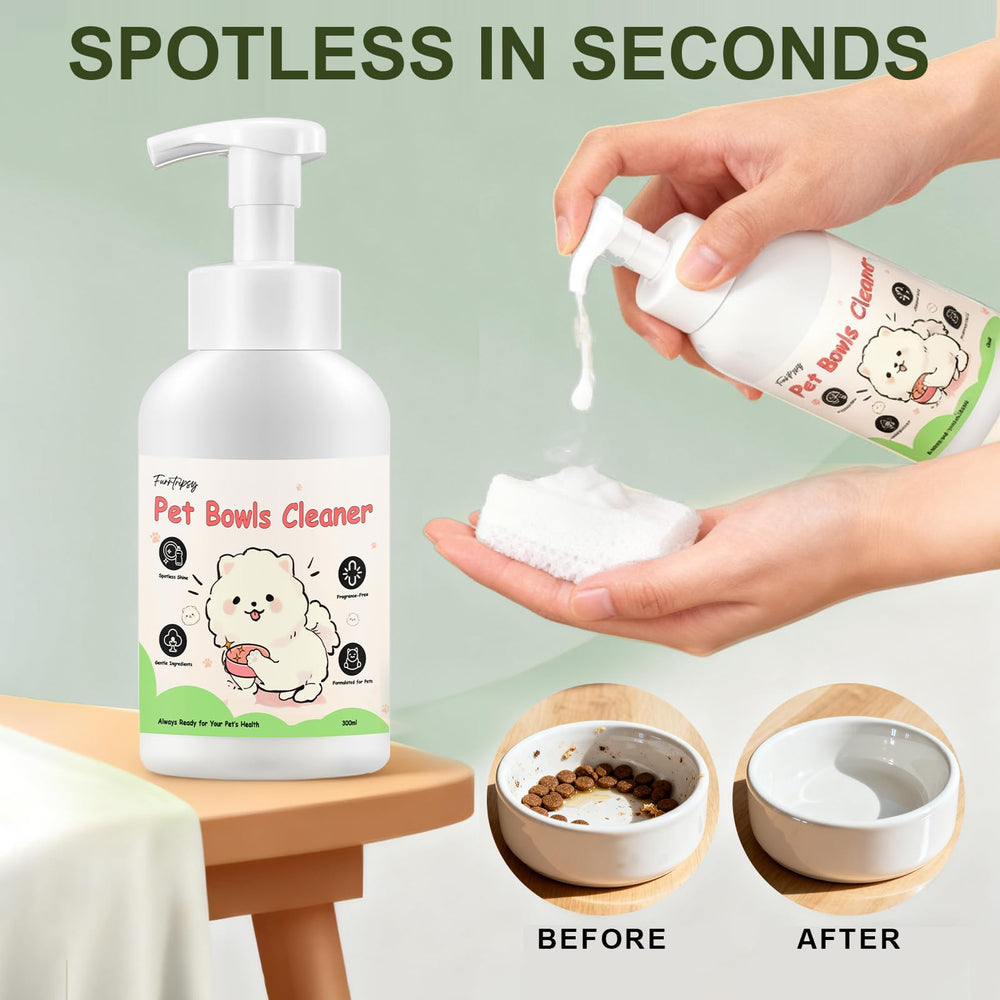 Furrtripsy pet bowls cleaner mousse on ceramic, stainless steel, and plastic surfaces.
