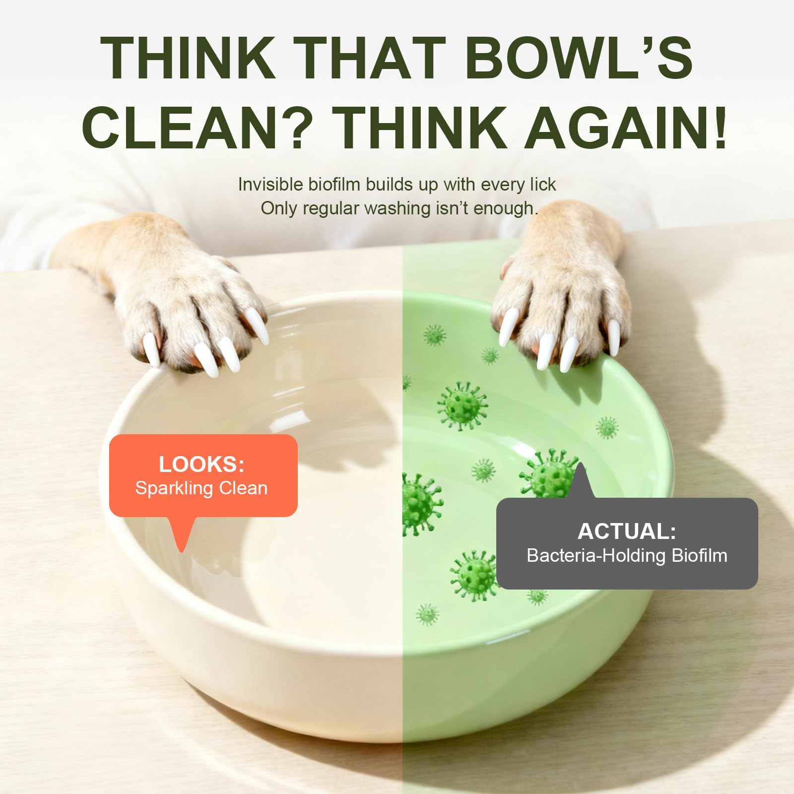 Furrtripsy pet bowls cleaner mousse odor elimination demonstrating fresh bowls.