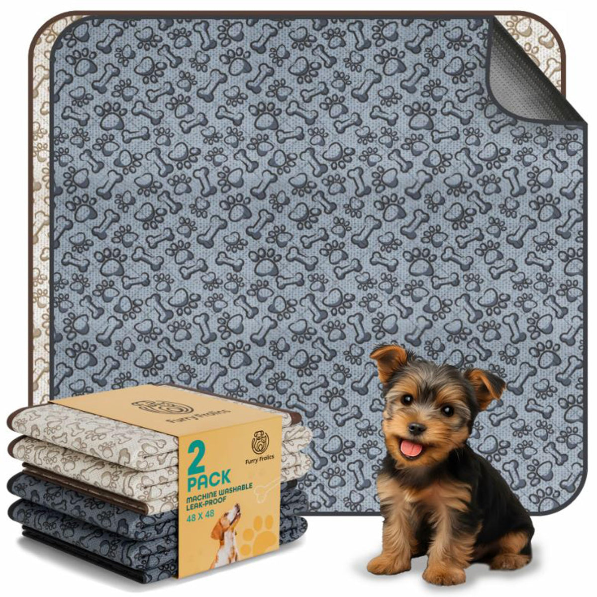 Furry Frolics large washable dog pee pad provides full coverage for easy house training.