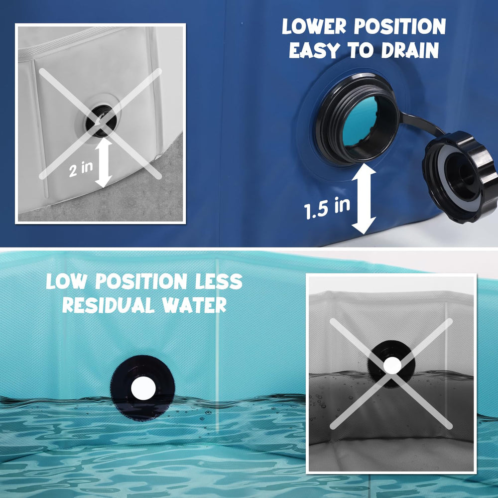 Furrybaby dog pool drain-hole feature enables quick water release after play.