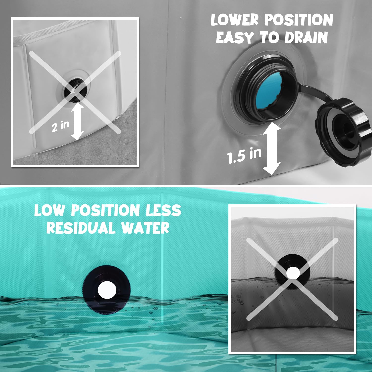 Furrybaby foldable dog pool drain hole closeup enables quick water release