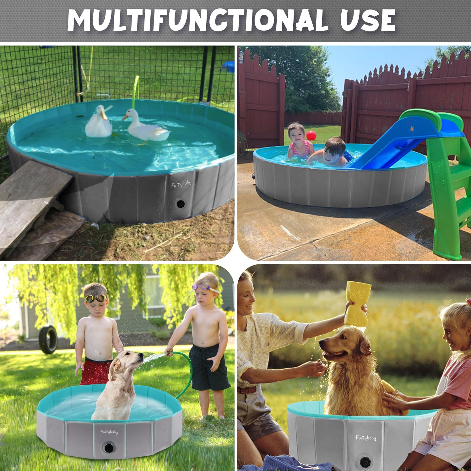 Furrybaby foldable dog pool in use with kids and pets nearby