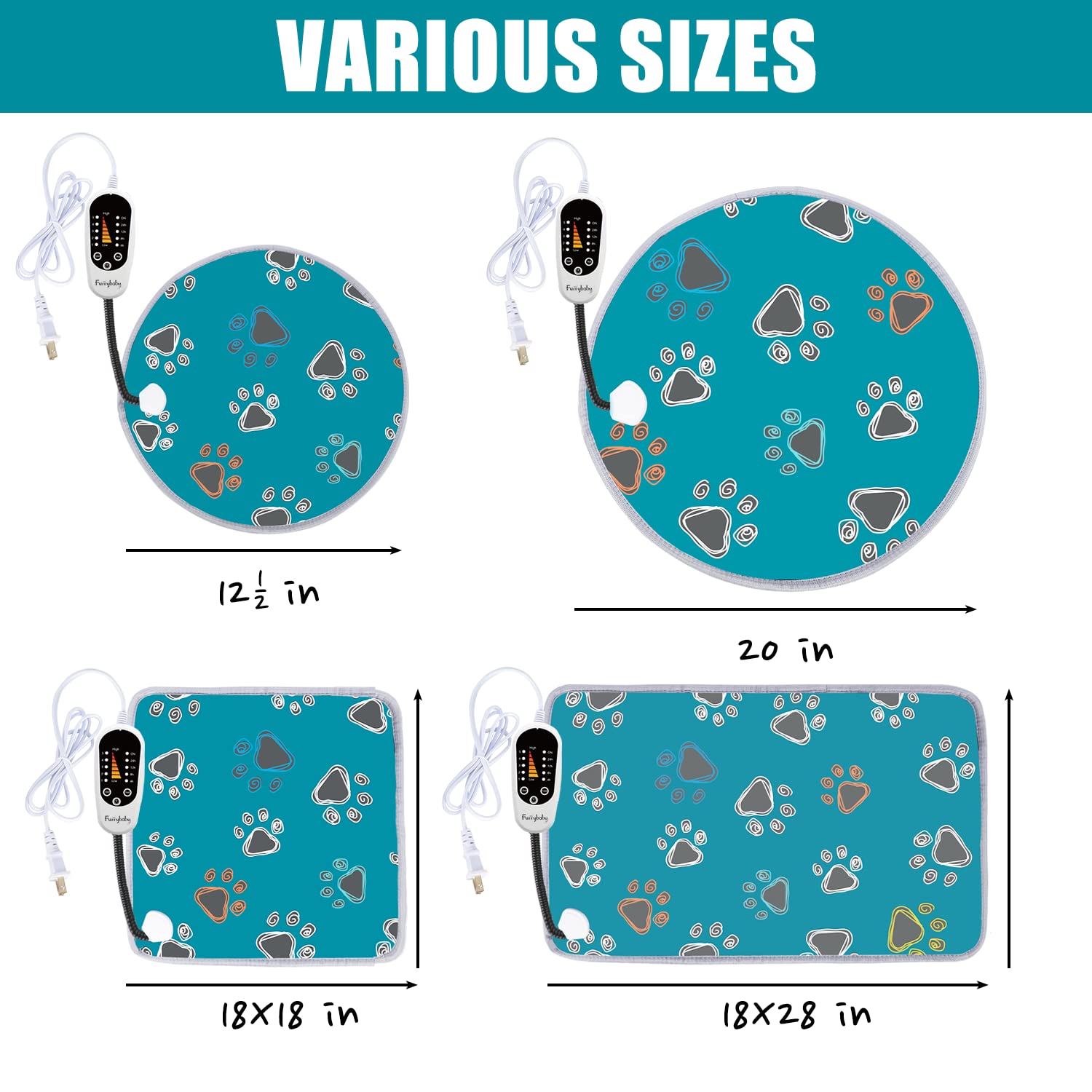 Furrybaby heating pad in use demonstrates round 12-inch size for pets.