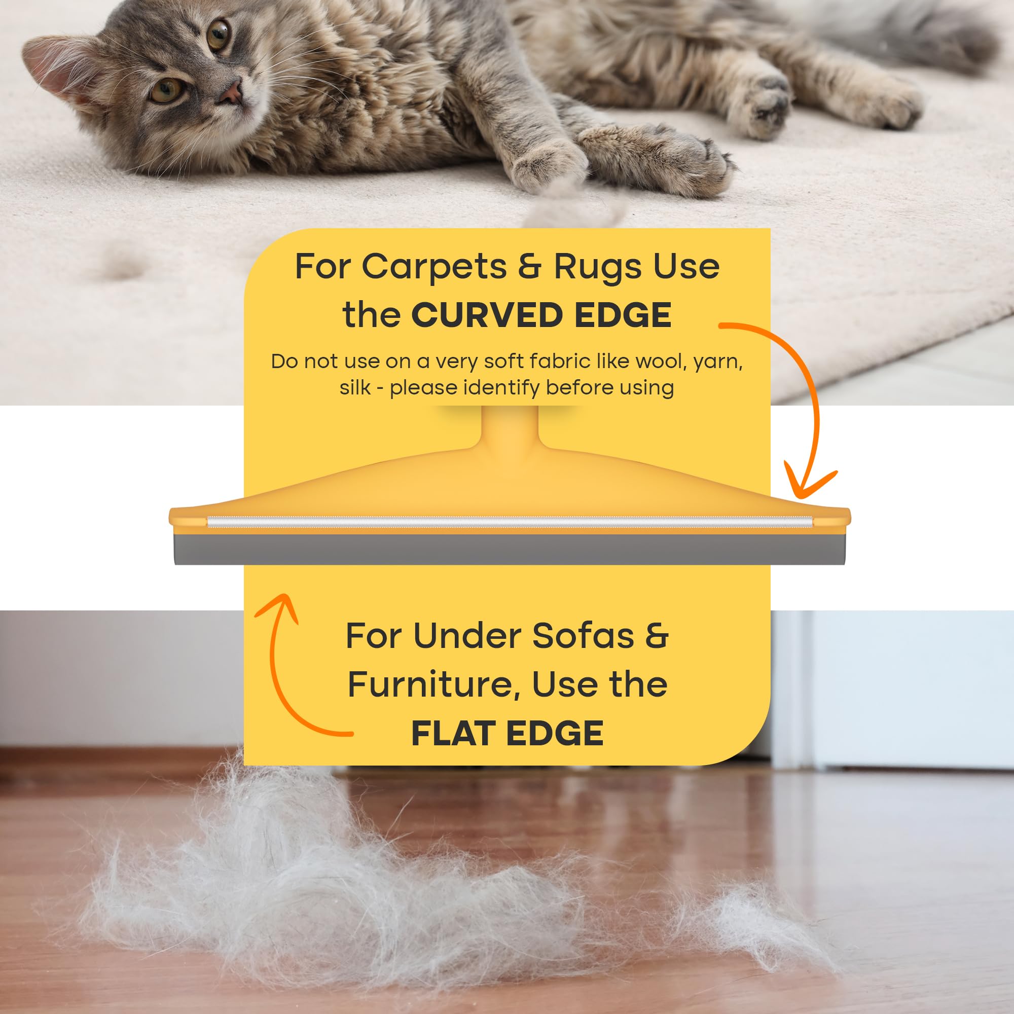 Fursprint carpet rake collecting hair and dust from surface