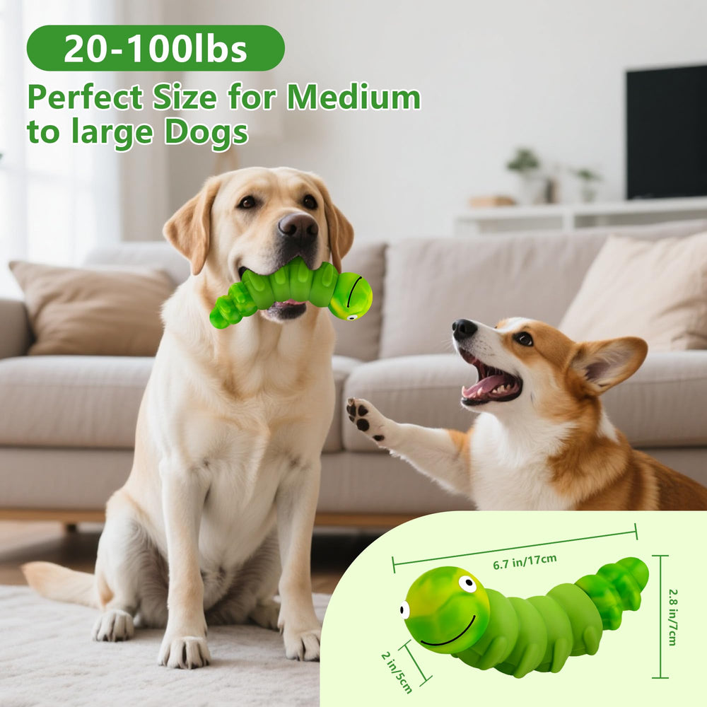 FurtasticFinds Caterpillar dog chew toy green close-up shows beef-flavored coating.