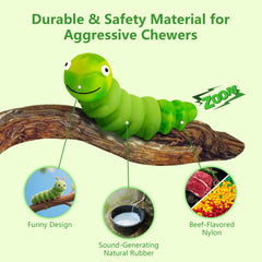 FurtasticFinds Caterpillar dog chew toy green side angle highlights squeaker for engagement.