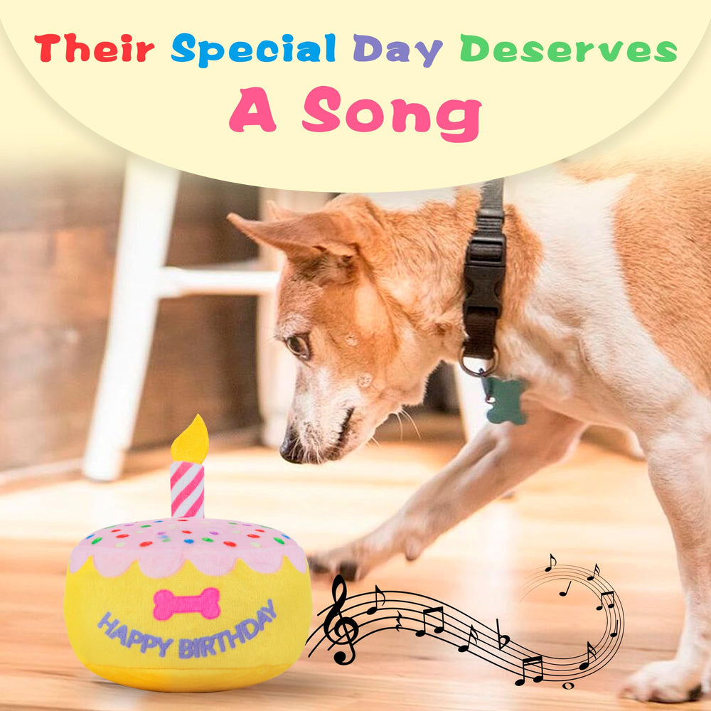 FurtasticFinds soft plush dog birthday cake toy close-up shows cuddle-friendly fabric
