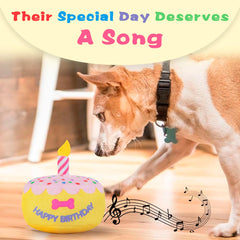 FurtasticFinds soft plush dog birthday cake toy close-up shows cuddle-friendly fabric