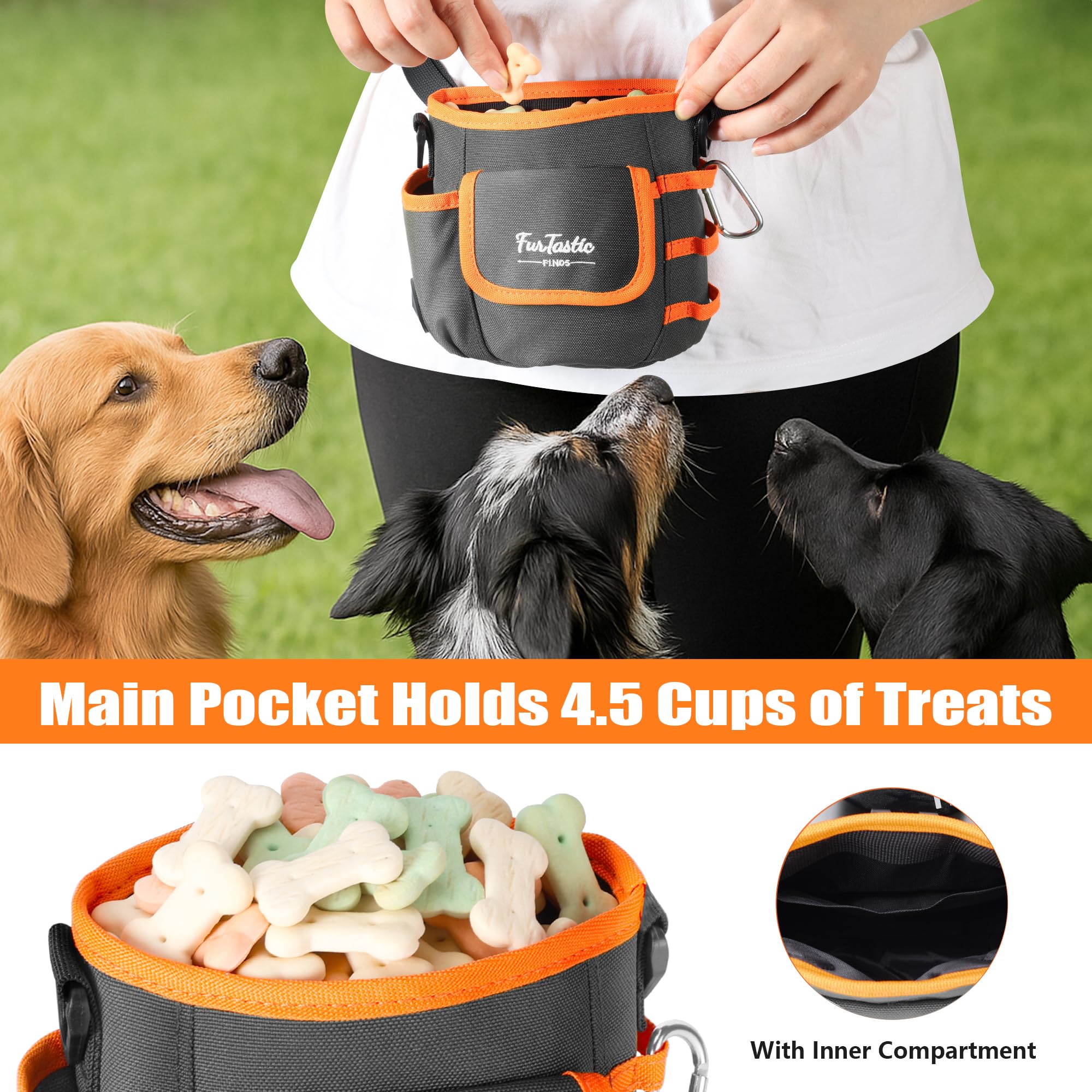 FurtasticFinds dog treat pouch in-use during walk demonstrates hands-free training support.