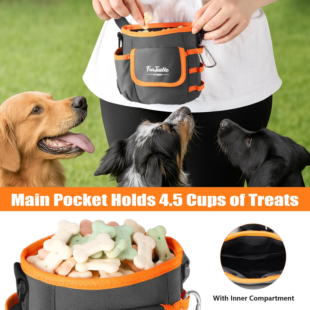 FurtasticFinds dog treat pouch in-use during walk demonstrates hands-free training support.