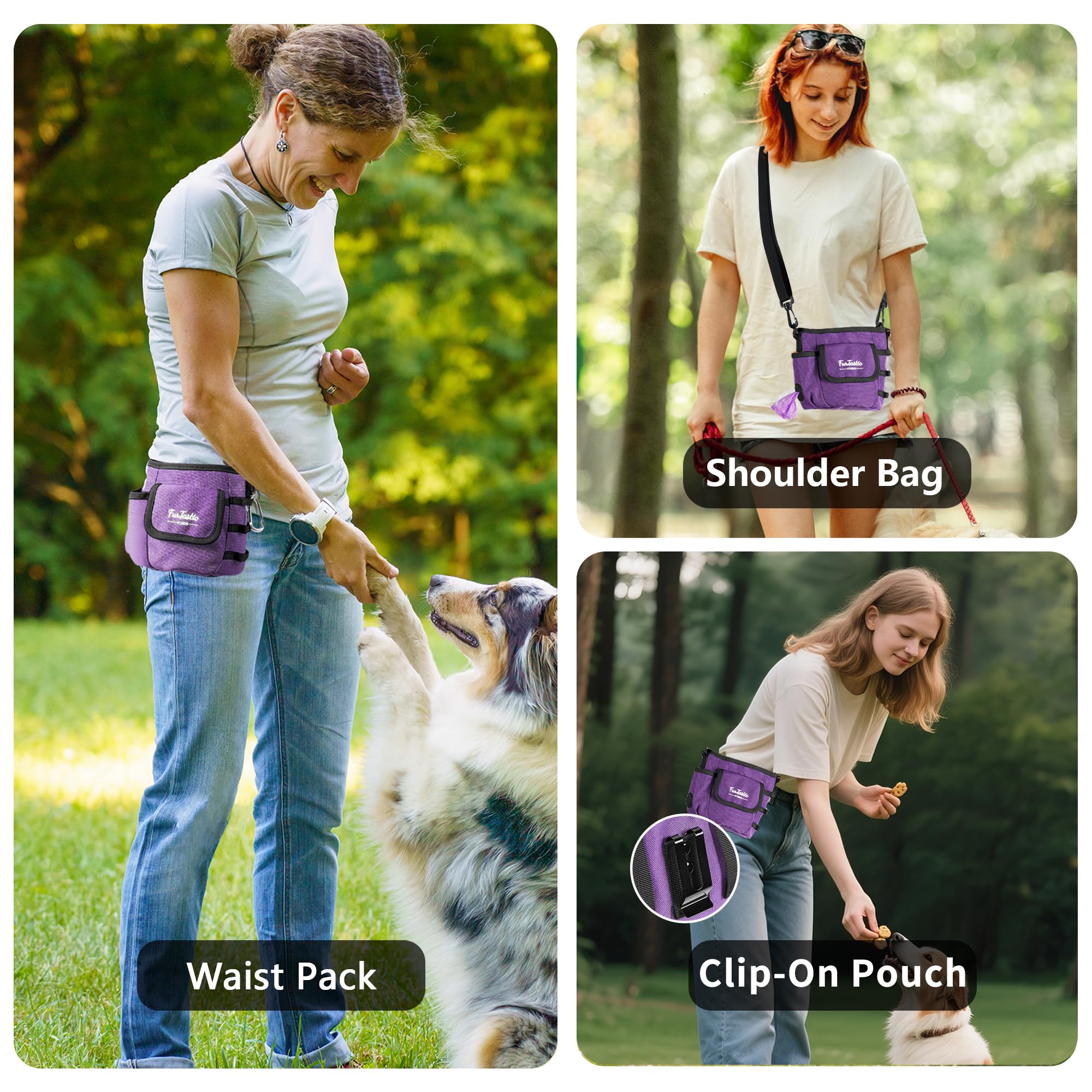 FurtasticFinds dog treat pouch three-ways-to-wear shows hands-free versatility during walks