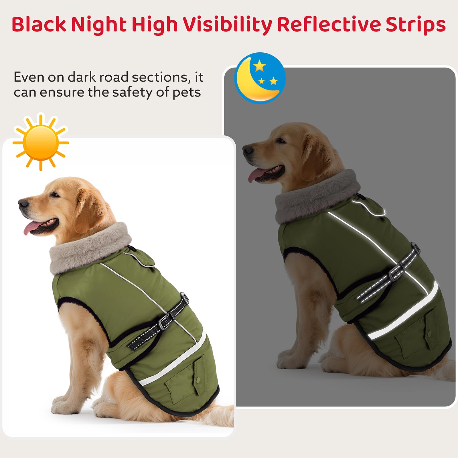 FURTIME dog winter coat adjustable buckle image demonstrates secure, easy-on fit