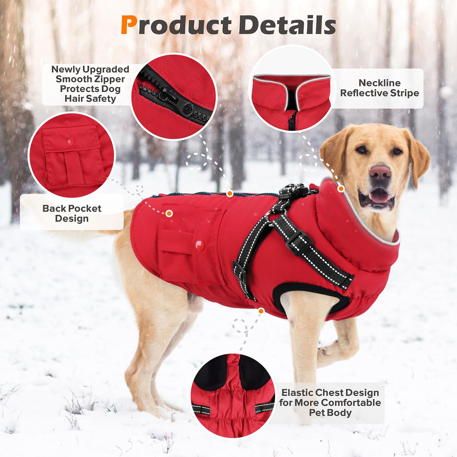 FURTIME dog winter coat back zipper for easy on-and-off in cold weather.