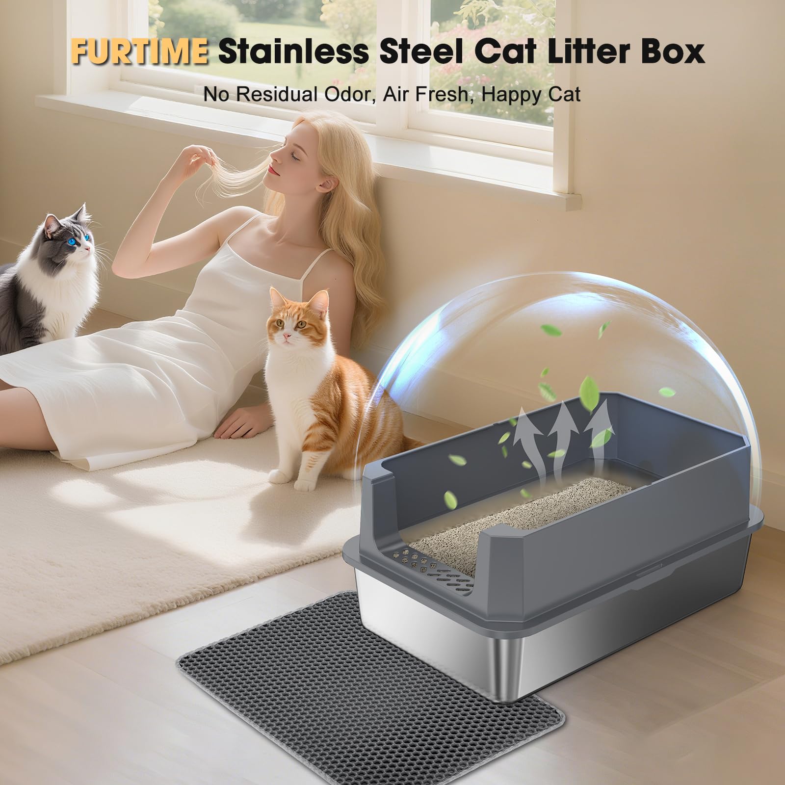 FURTIME litter box includes scoop and mat for easy maintenance