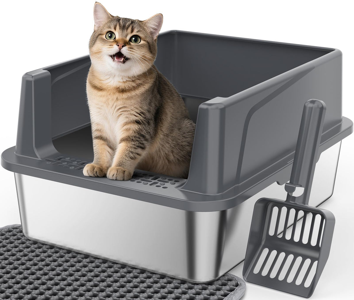 FURTIME stainless steel litter box with lid viewed from above showing easy cleaning and odor control.