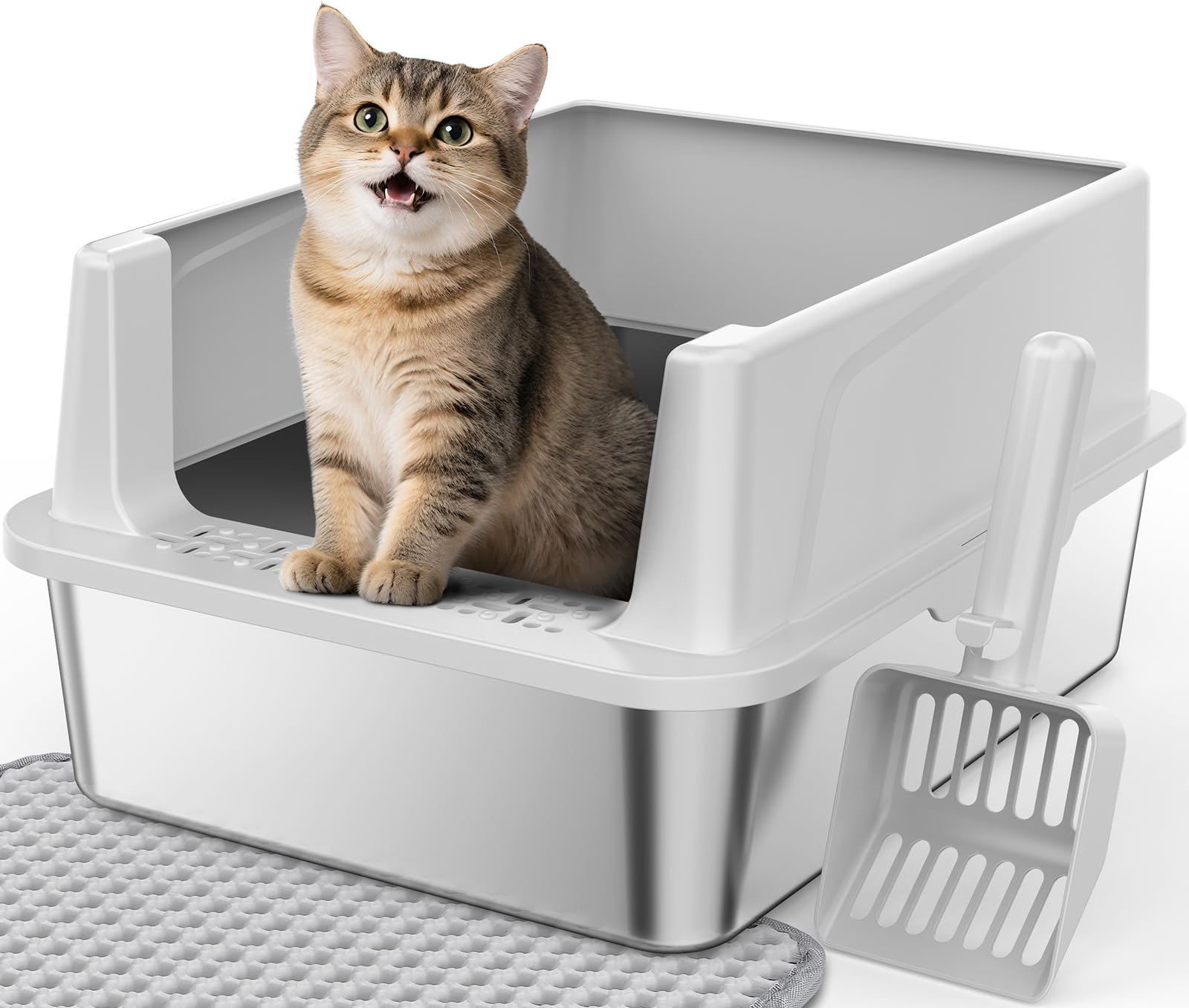 FURTIME stainless steel cat litter box with lid showcasing durable build and clean lines for easy maintenance