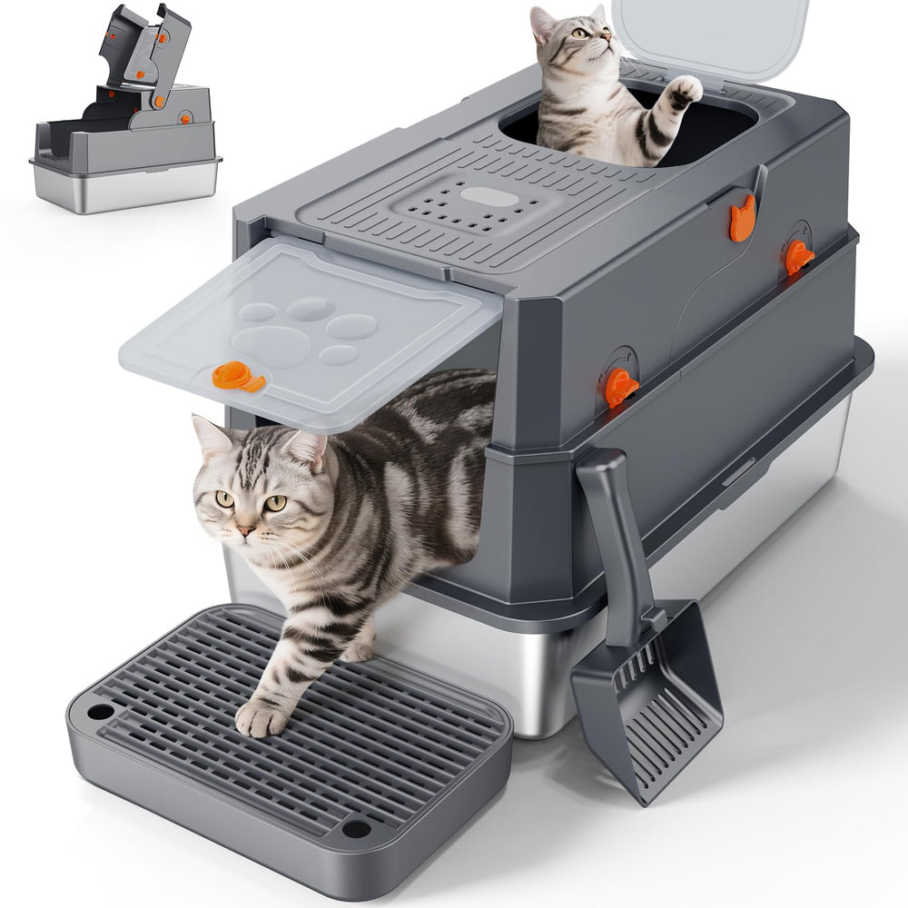 FURTIME stainless-steel litter box front entry for easy access and tidy cleaning.
