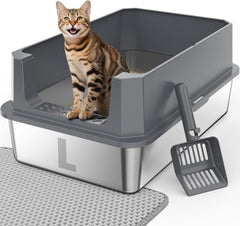 FURTIME stainless steel litter box with lid in large size for private cat space