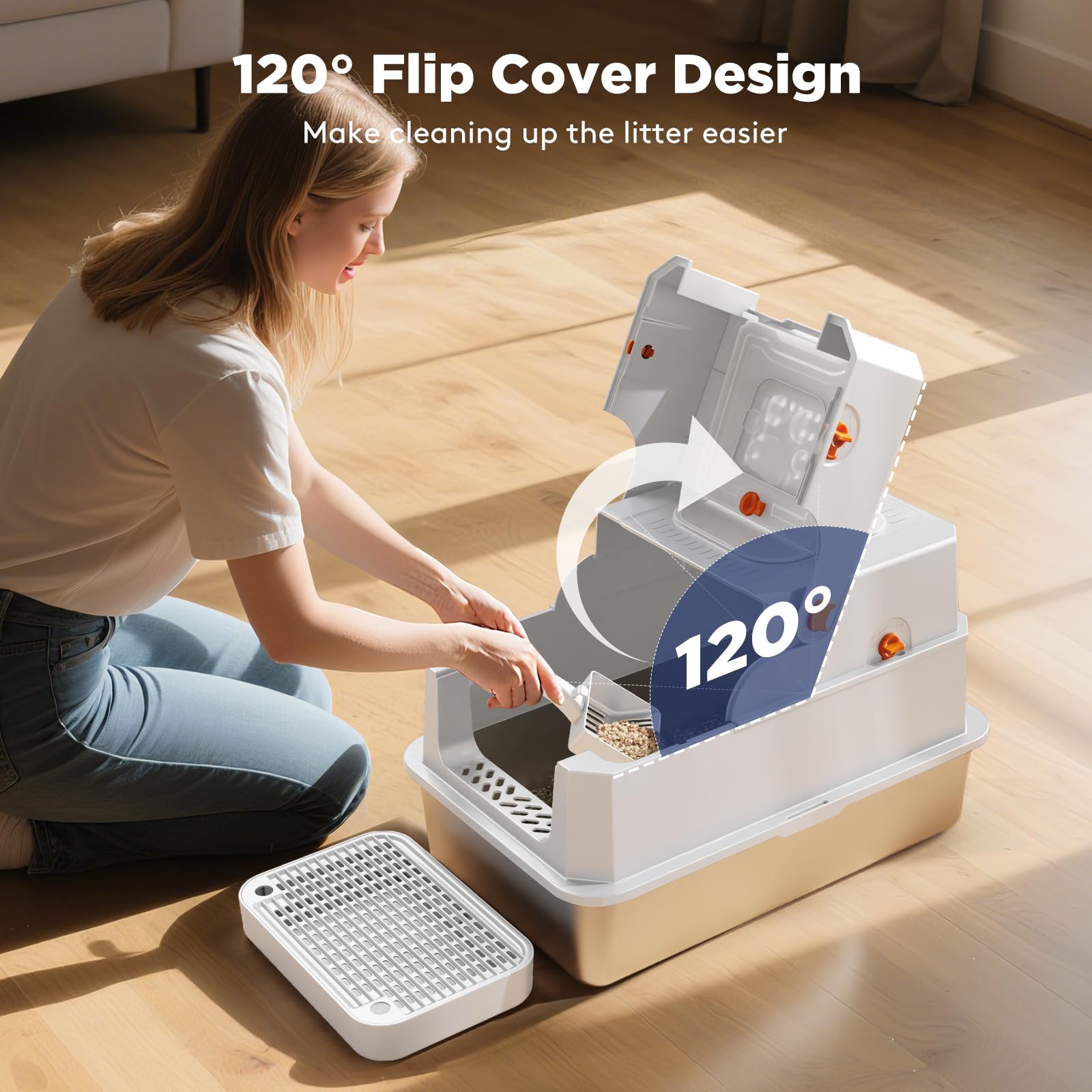 FURTIME XL top-entry stainless litter box angle highlighting dual access.