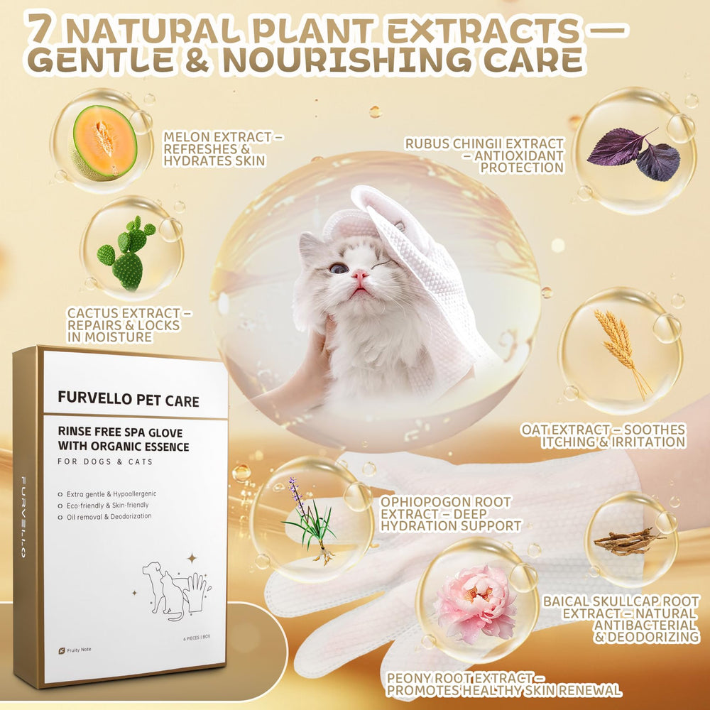 FURVELLO gloves in use on a paw for deep-cleaning and deodorizing.