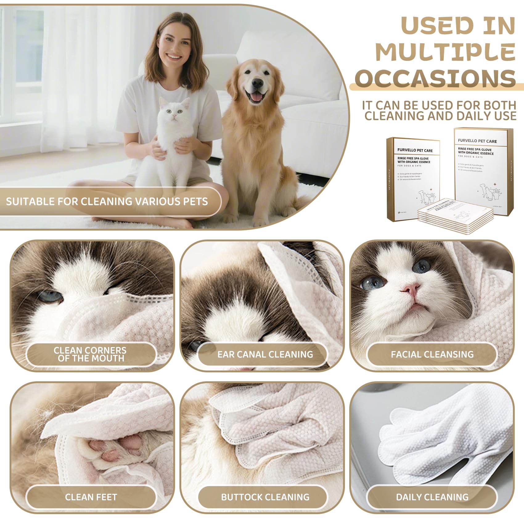 FURVELLO individually wrapped, travel-ready glove-wipes for mess-free travel.