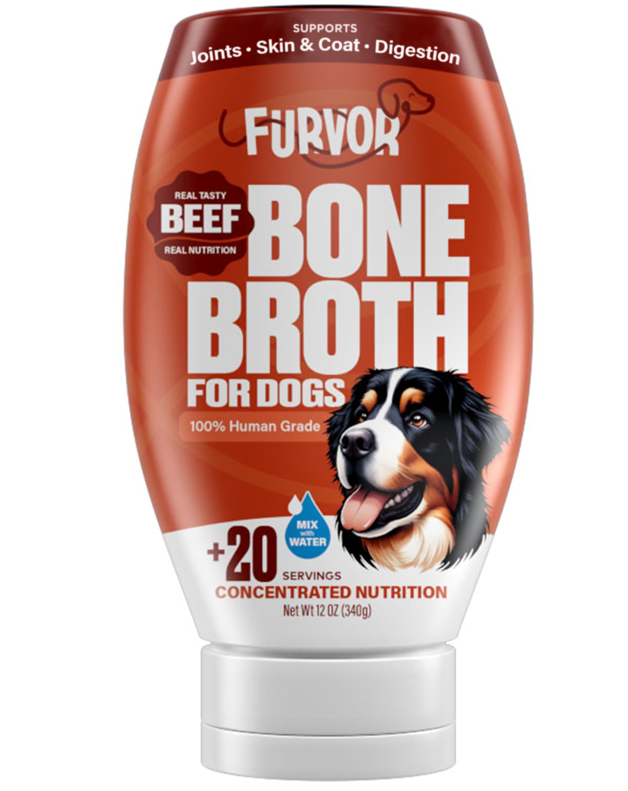 Furvor beef bone broth concentrate bottle label highlights natural ingredients and joint support