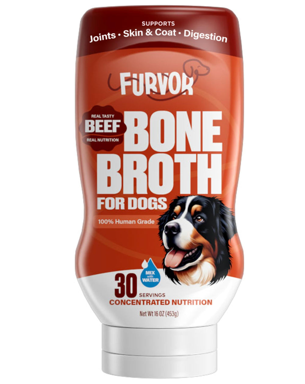 Furvor beef bone broth for dogs bottle pour enhances flavor and mealtime appeal.