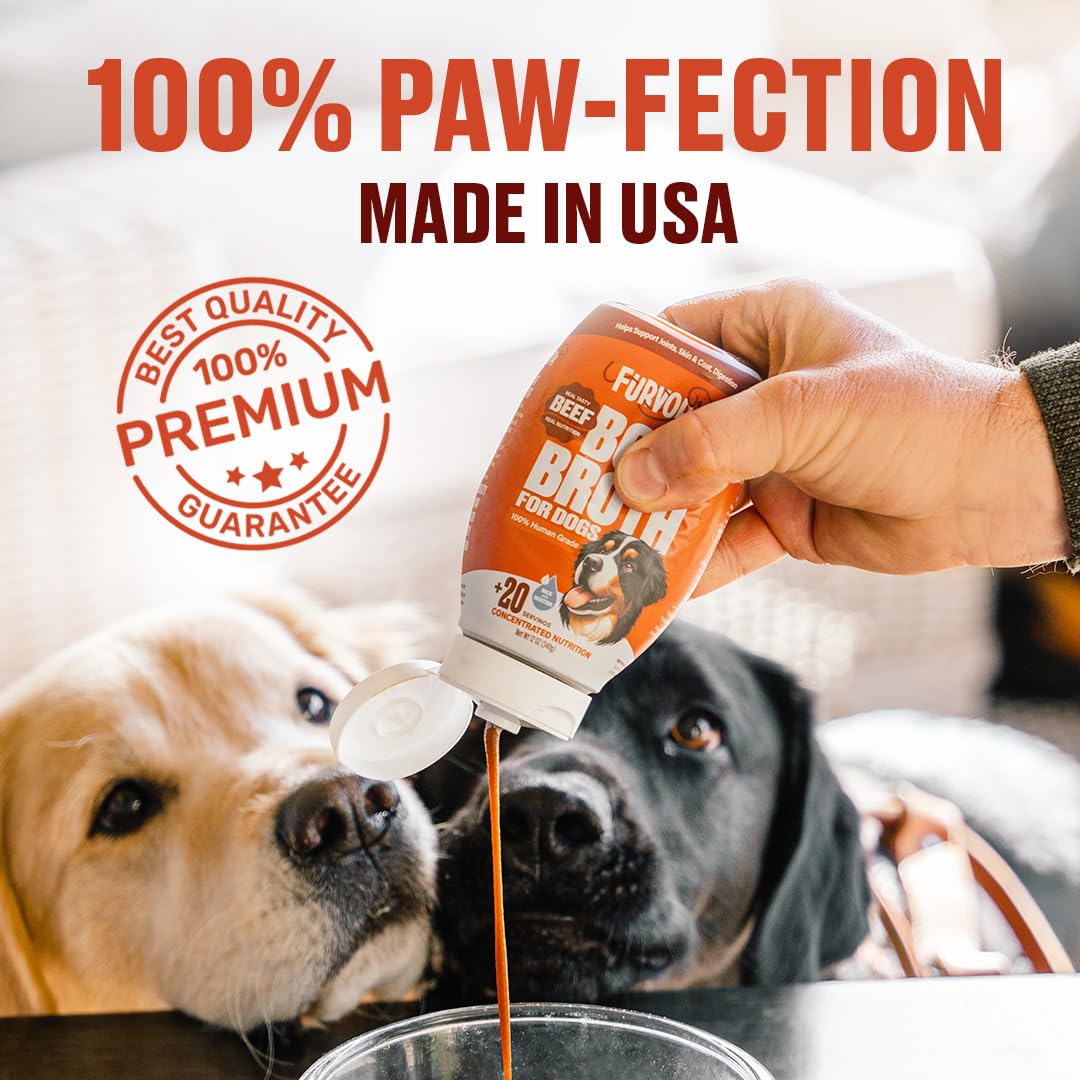 Furvor beef bone broth for dogs USA-made packaging assures quality and safety.