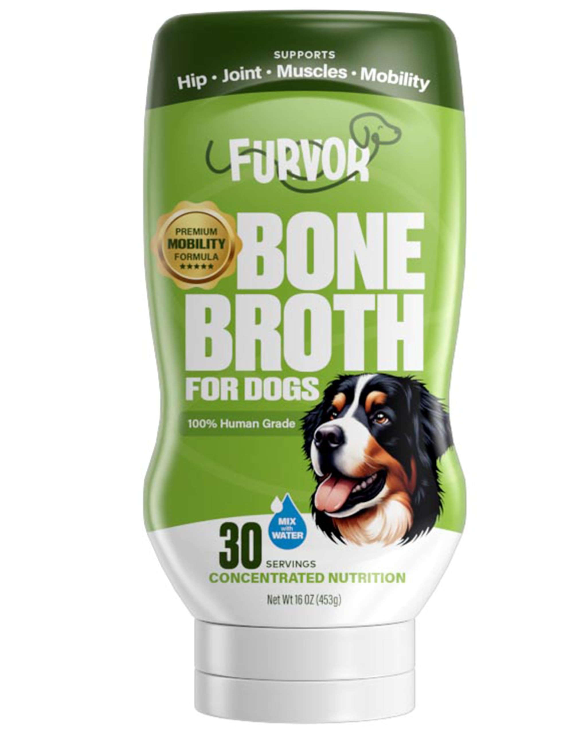 Furvor Beef Mobility Bone Broth bottle shows premium hydration for dogs