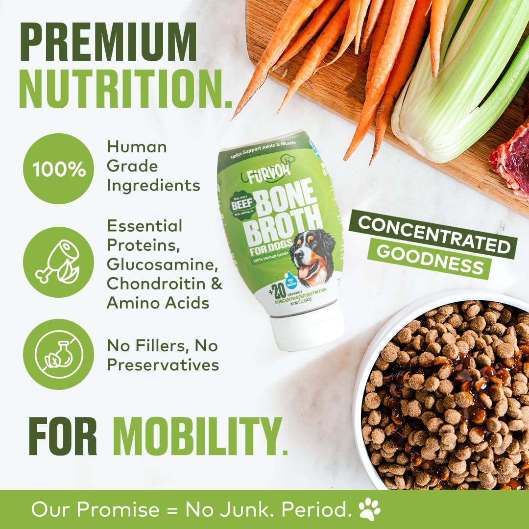 Furvor mobility bone broth over kibble boosts palatability and moisture.