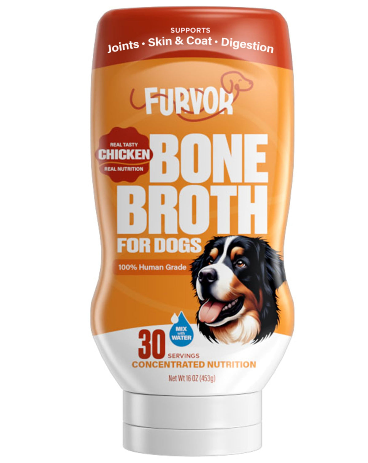 Furvor Chicken Bone Broth Concentrate bottle front—human-grade supplement for joints and digestion.