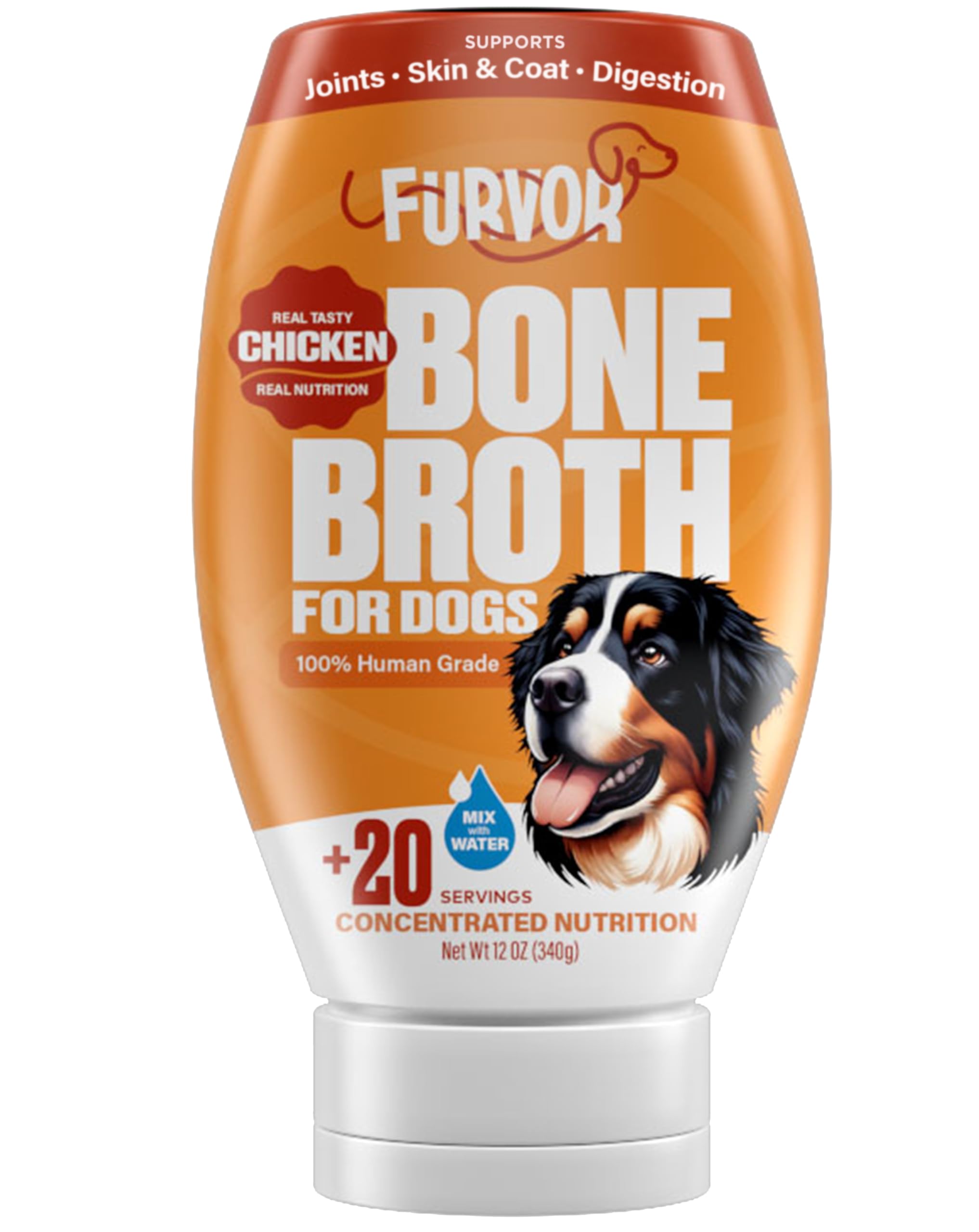 Furvor Chicken Bone Broth bottle poured over kibble for hydration