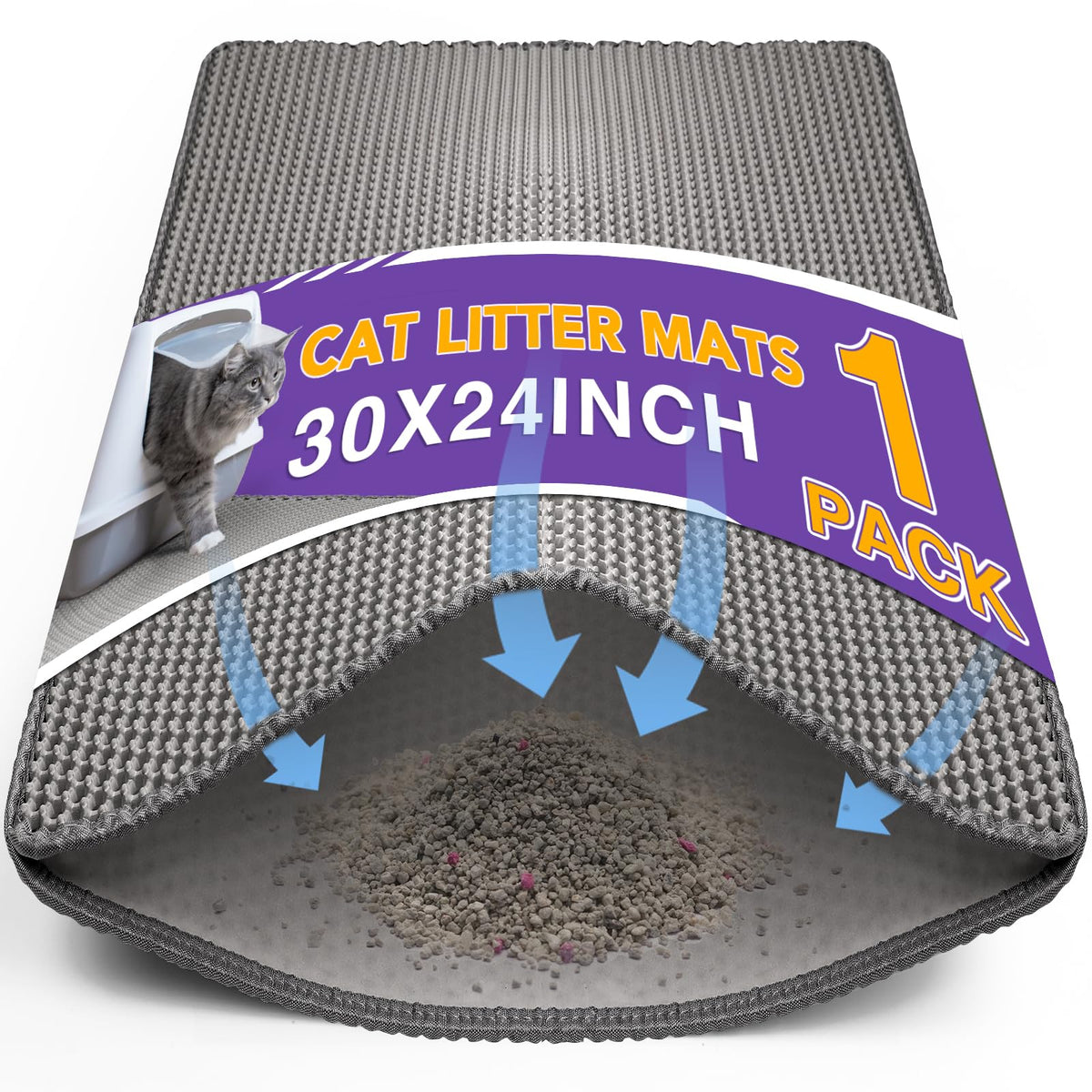 FURWEY cat litter mat front view in gray protects floors and reduces tracking.