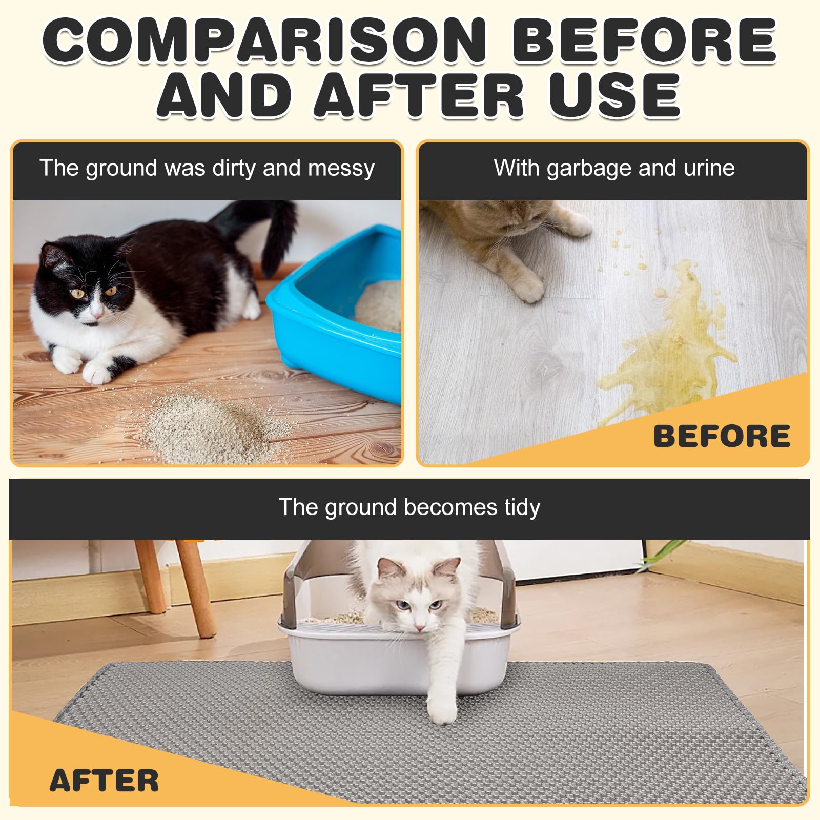 FURWEY cat litter mat laid flat in room shows space fit for 30x24 inches.