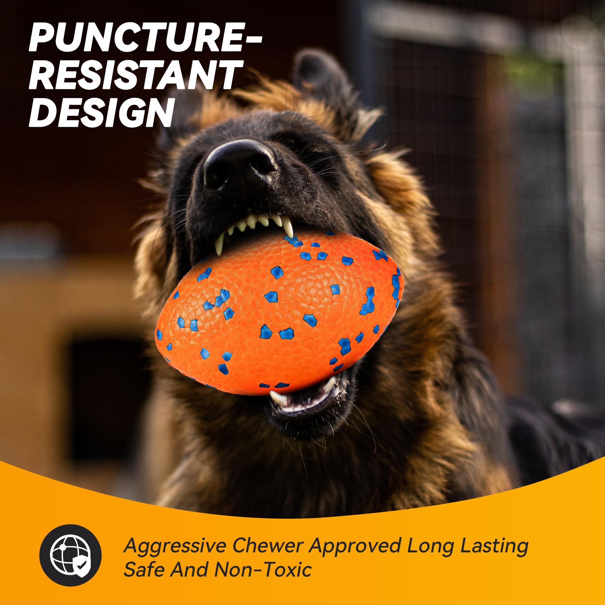FUSOTO etpu stab-resistant ball blue stands up to aggressive chewing during fetch.
