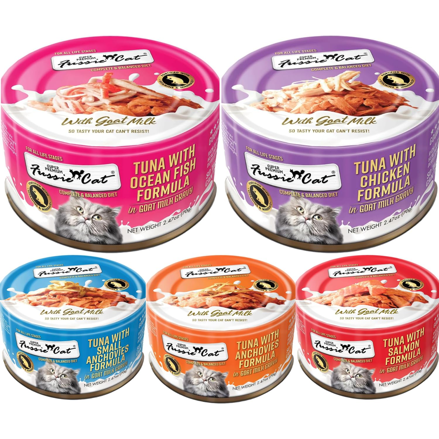 Fussie Cat five flavors labeled for easy selection and variety.