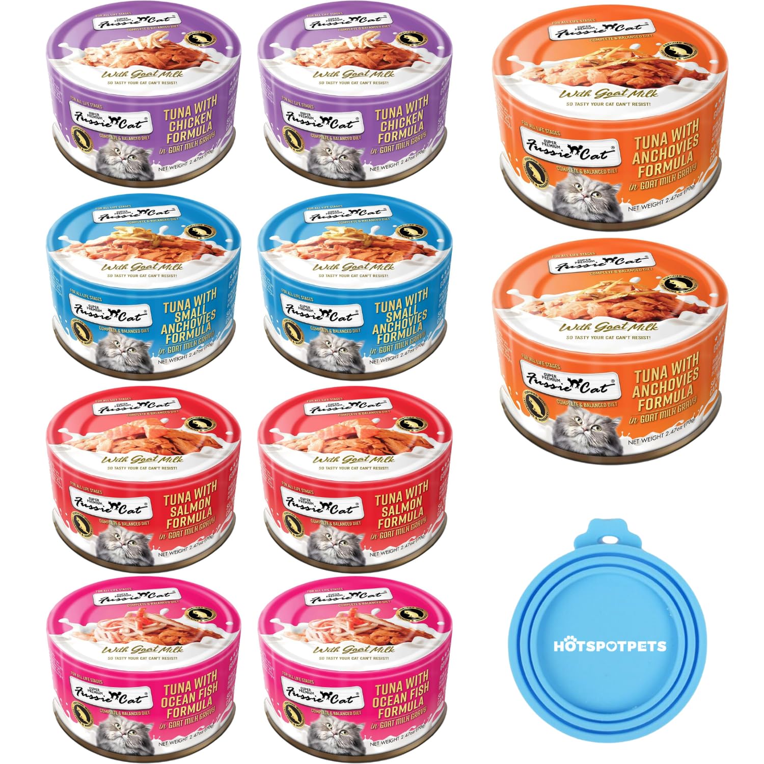 Fussie Cat goat milk gravy cans front view, promotes hydration and appeal.