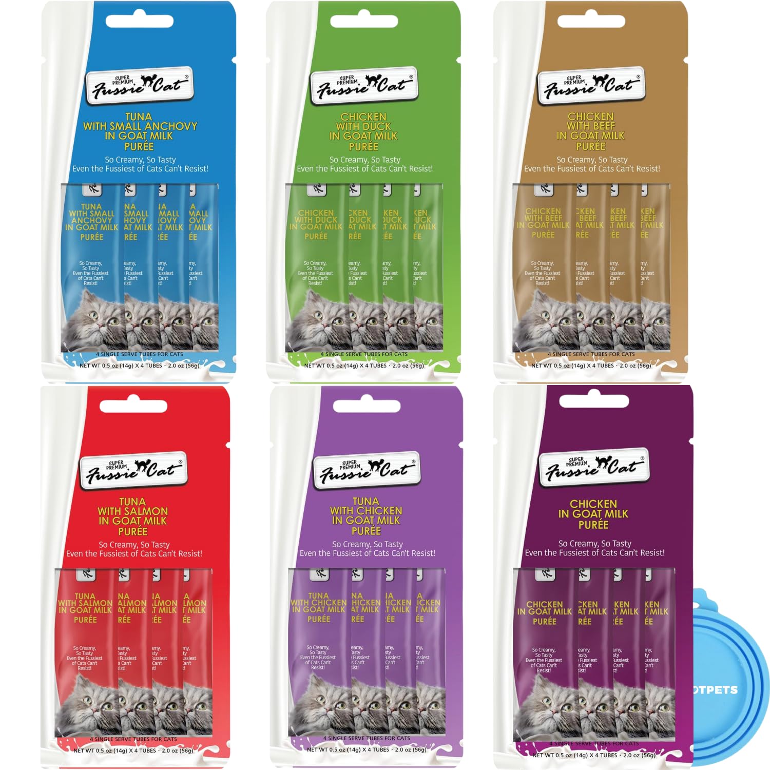 Fussie Cat Goat Milk Puree tubes collection, inviting bite-sized treats and meal-time variety for cats.