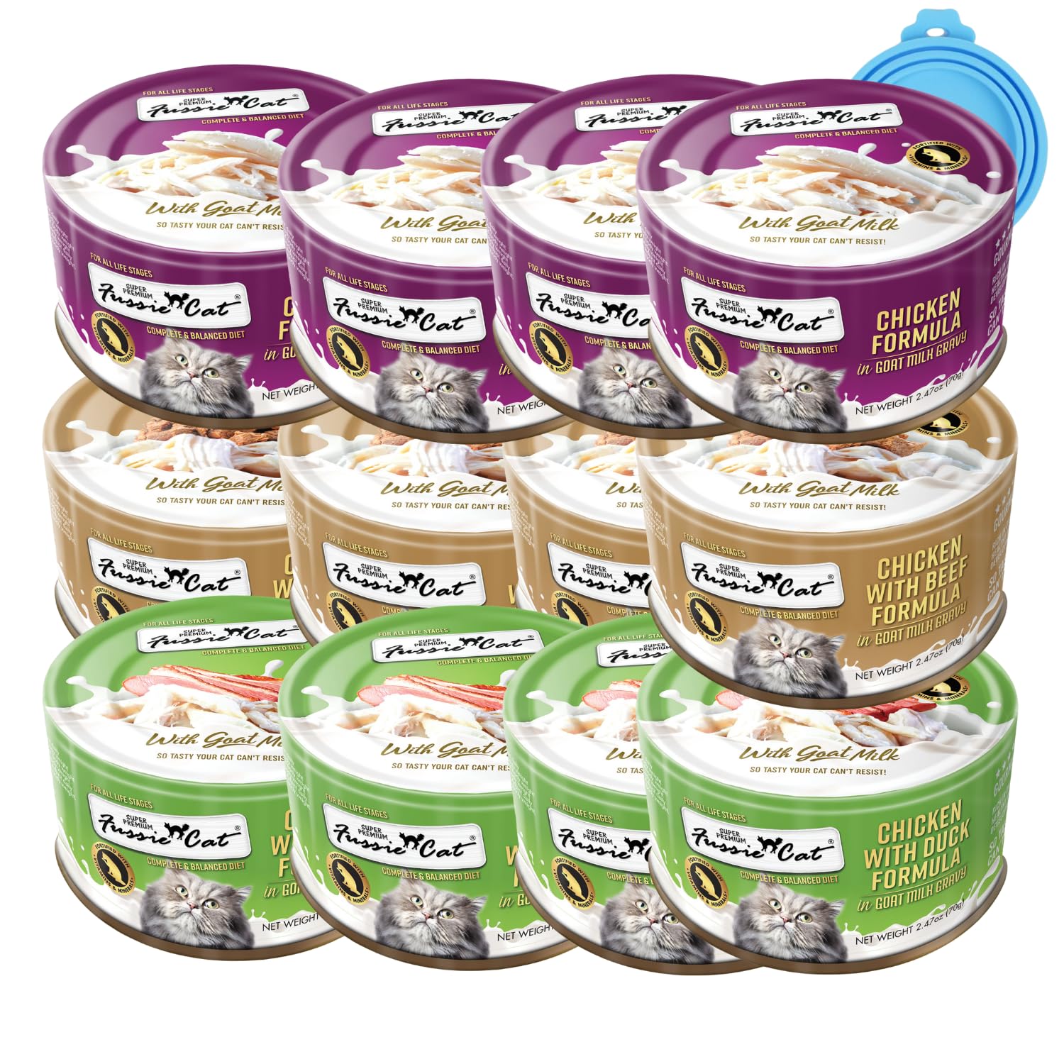 Fussie Cat goat-milk wet food cans from the variety pack for tasty feline meals.