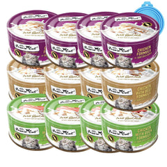 Fussie Cat goat-milk wet food cans from the variety pack for tasty feline meals.