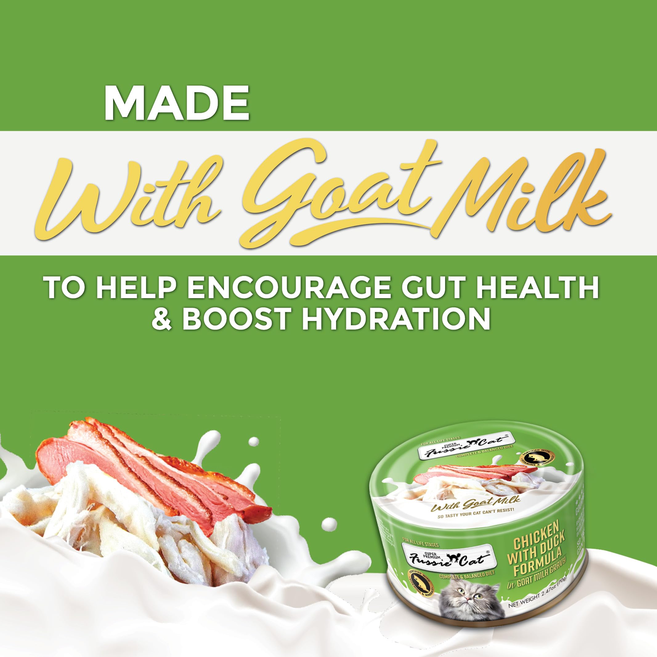 Fussie Cat high-moisture-content image communicates hydration-friendly meals.