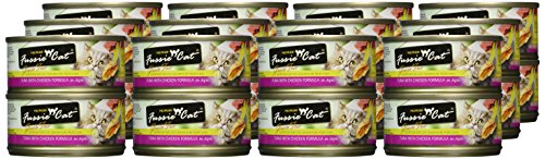 Fussie Cat ingredients label closeup, showcasing real tuna and chicken sources and grain-free formula.
